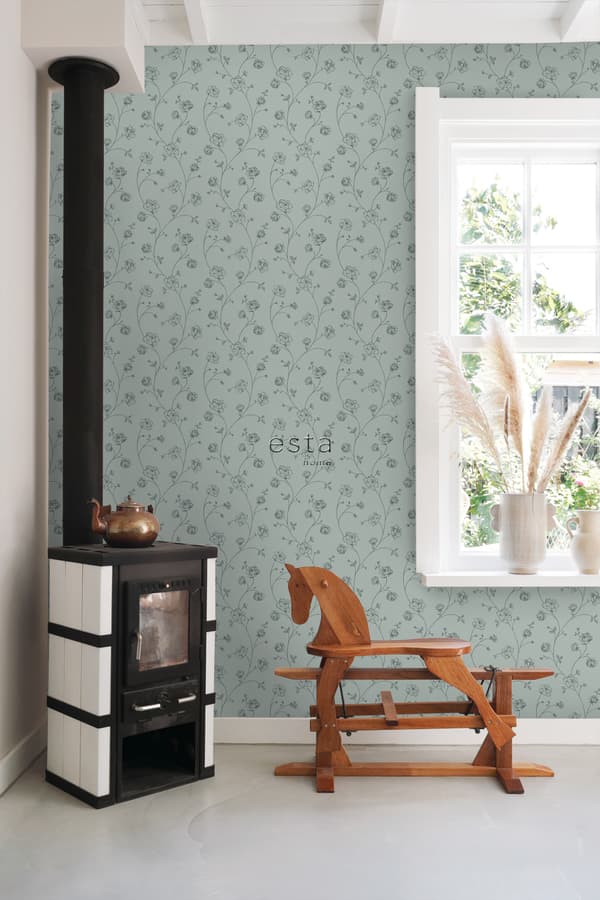 ESTAhome tapet toile de Jouy rosor grågrönt 0,53 x 10,05 m