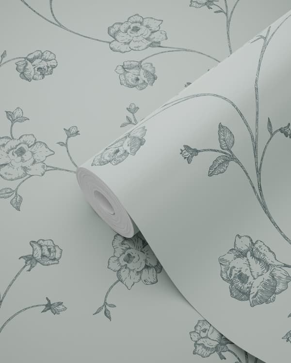 ESTAhome tapet toile de Jouy rosor grågrönt 0,53 x 10,05 m