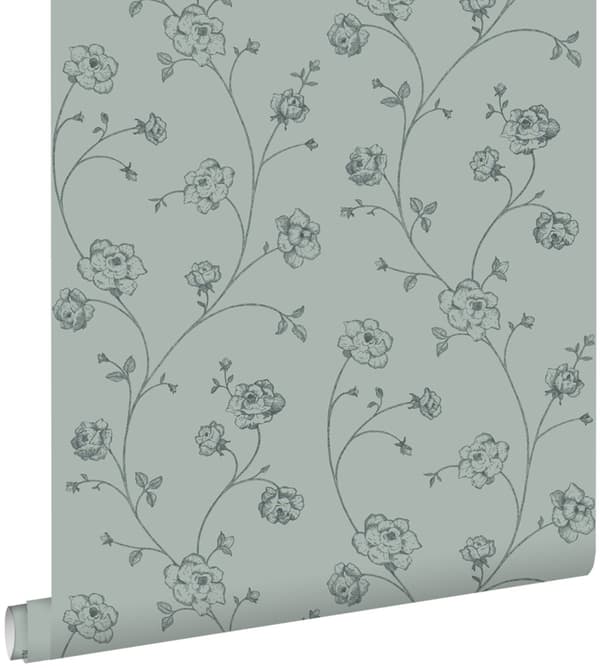 ESTAhome tapet toile de Jouy rosor grågrönt 0,53 x 10,05 m