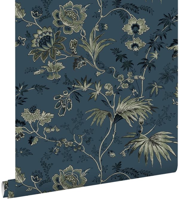 ESTAhome tapet vintage blommor mörkblått och olivgrönt 0,53 x 10,05 m