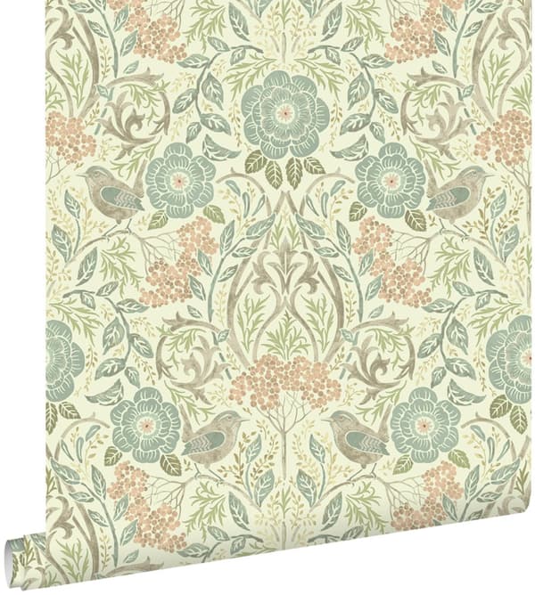 ESTAhome tapet blommor och fåglar art nouveau stil vintage gråblått, brunt och antikrosa 0,53 x 10,05 m