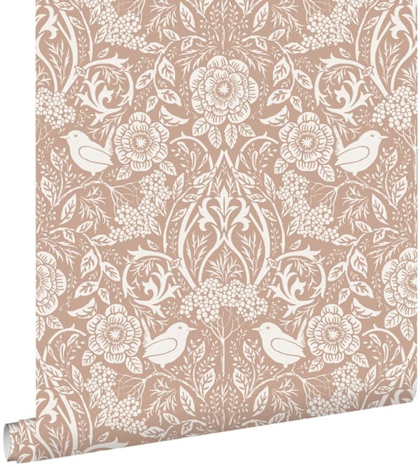 ESTAhome tapet blomster og fugle i art nouveau nude farve og hvidt 0,53 x 10,05 m