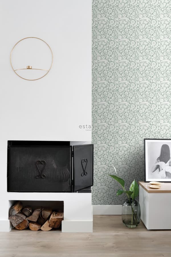 ESTAhome tapet blomstermønster gråligtgrønt 0,53 x 10,05 m