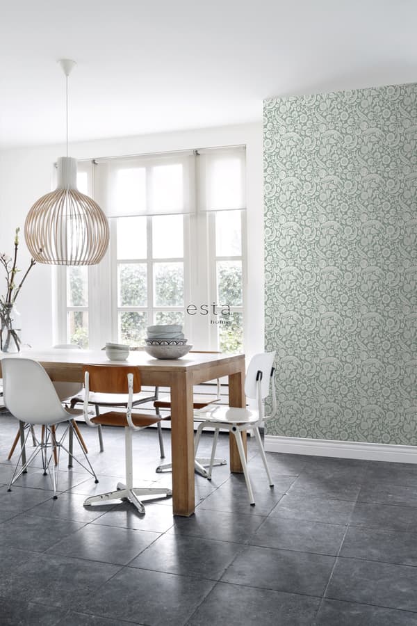 ESTAhome tapet blomstermønster gråligtgrønt 0,53 x 10,05 m