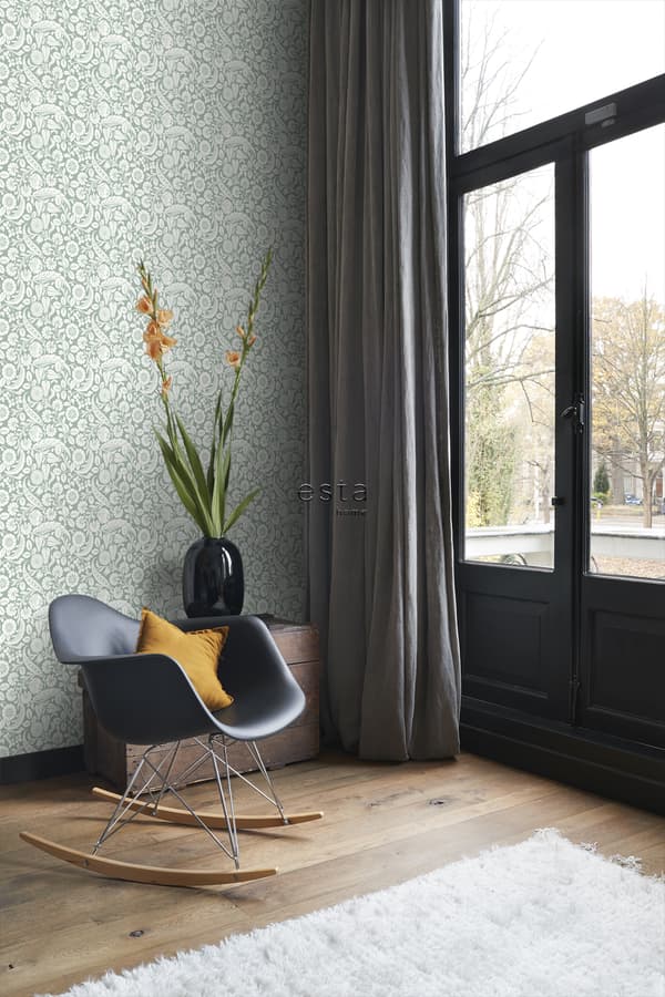 ESTAhome tapet blomstermønster gråligtgrønt 0,53 x 10,05 m