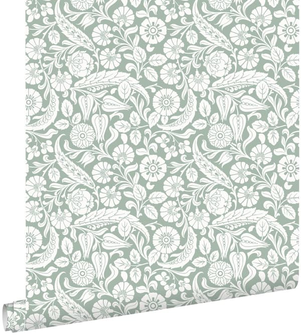 ESTAhome tapet blomstermønster gråligtgrønt 0,53 x 10,05 m