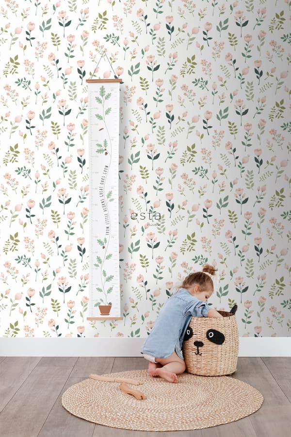ESTAhome tapet blommor vitt, rosa och grönt 0,53 x 10,05 m