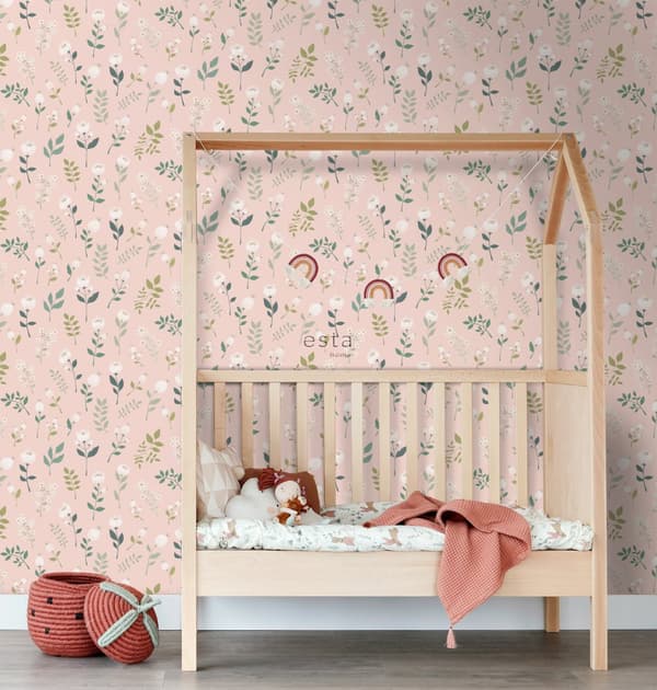 ESTAhome tapet blommor milt rosa, grönt och vitt 0,53 x 10,05 m