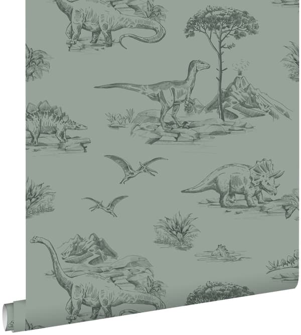 ESTAhome tapet dinosaurusser gråligtgrønt 0,53 x 10,05 m
