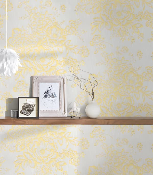 Textiltapet Blommig Profhome 306571-GU texturerad glansigt mönster matt bakgrund färg guld vit 5,33 m2