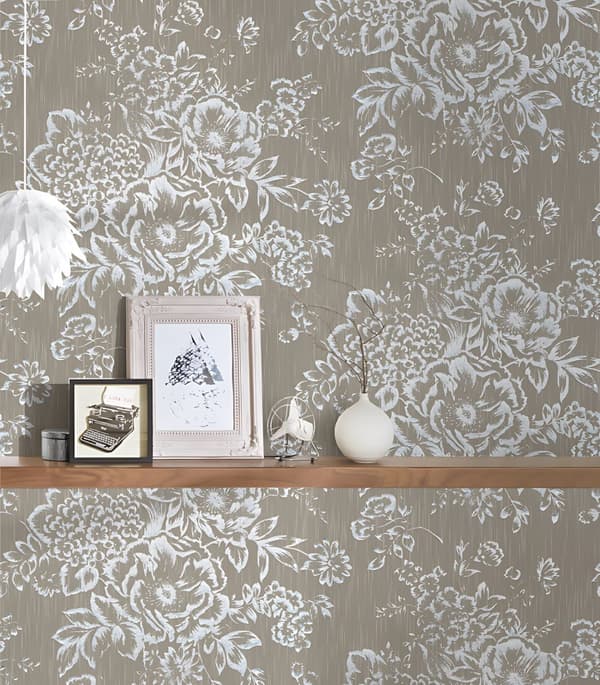 Textiltapet blomster Profhome 306574-GU texturerad glansigt mönster matt bakgrund färg silver brun 5,33 m2
