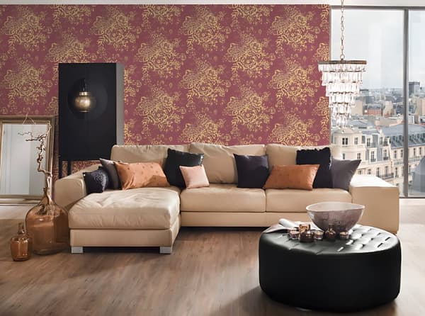 Tekstiltapet blomster Profhome 306576-gu tekstureret blank mønster mat baggrund färg gylden rød 5,33 m2