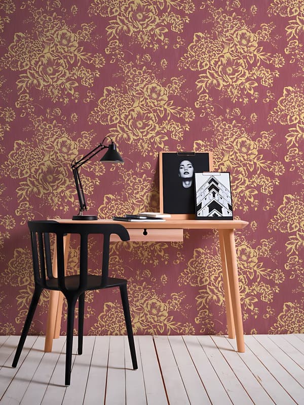 Tekstiltapet blomster Profhome 306576-gu tekstureret blank mønster mat baggrund färg gylden rød 5,33 m2