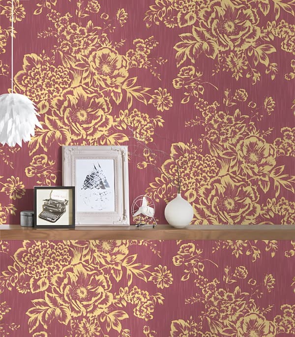 Tekstiltapet blomster Profhome 306576-gu tekstureret blank mønster mat baggrund färg gylden rød 5,33 m2