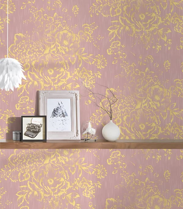 Tekstiltapet blomster Profhome 306575-gu tekstureret blank mønster mat baggrund färg gylden lyserød 5,33 m2