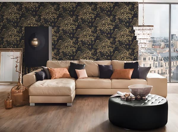 Textiltapet blomster Profhome 306577-GU texturerad glansigt mönster matt bakgrund färg guld svart 5,33 m2