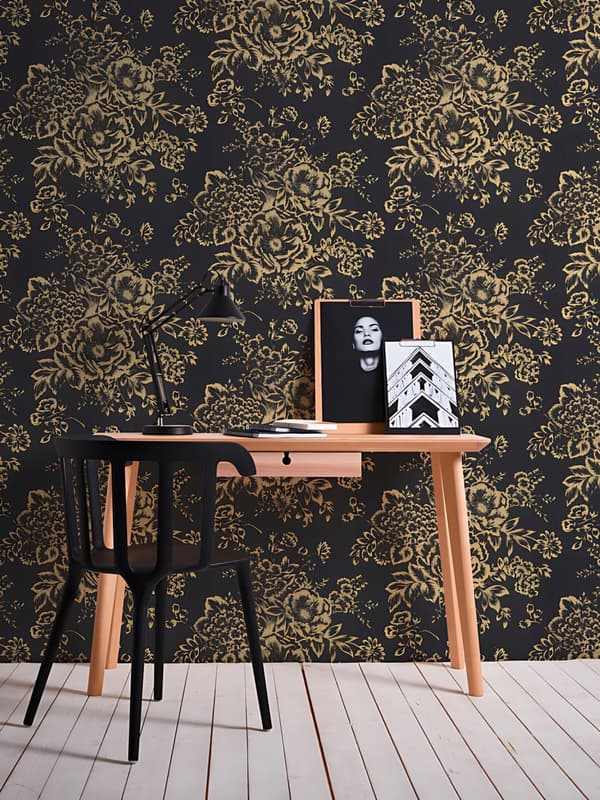 Textiltapet blomster Profhome 306577-GU texturerad glansigt mönster matt bakgrund färg guld svart 5,33 m2
