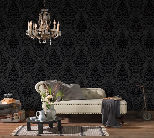 Non woven-tapet ornament Profhome 255426-GU lätt texturerad matt färg svart 5,33 m2