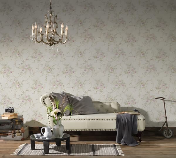 Non woven-tapet blomster Profhome 304202-GU texturerad matt färg rosa grön grädde 5,33 m2