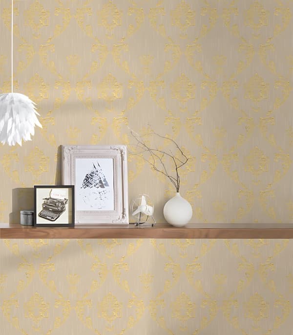 Textiltapet ornament Profhome 306582-GU texturerad glansigt mönster matt bakgrund färg guld beige 5,33 m2