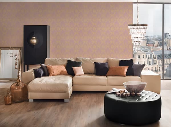 Textiltapet ornament Profhome 306585-GU texturerad glansigt mönster matt bakgrund färg guld rosa 5,33 m2