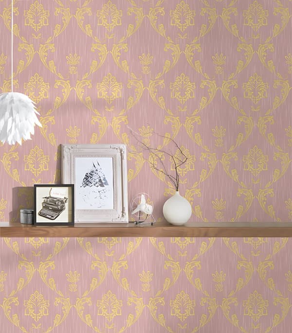 Textiltapet ornament Profhome 306585-GU texturerad glansigt mönster matt bakgrund färg guld rosa 5,33 m2