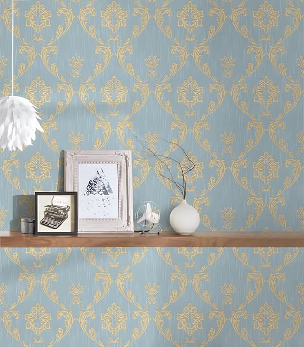 Tekstiltapet ornament Profhome 306586-gu tekstureret blank mønster mat baggrund färg gylden blå grøn 5,33 m2