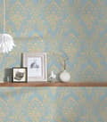 Miniatyrbild 7 av 8: Textiltapet ornament Profhome 306595-GU texturerad glansigt mönster matt bakgrund färg guld blå grön 5,33 m2