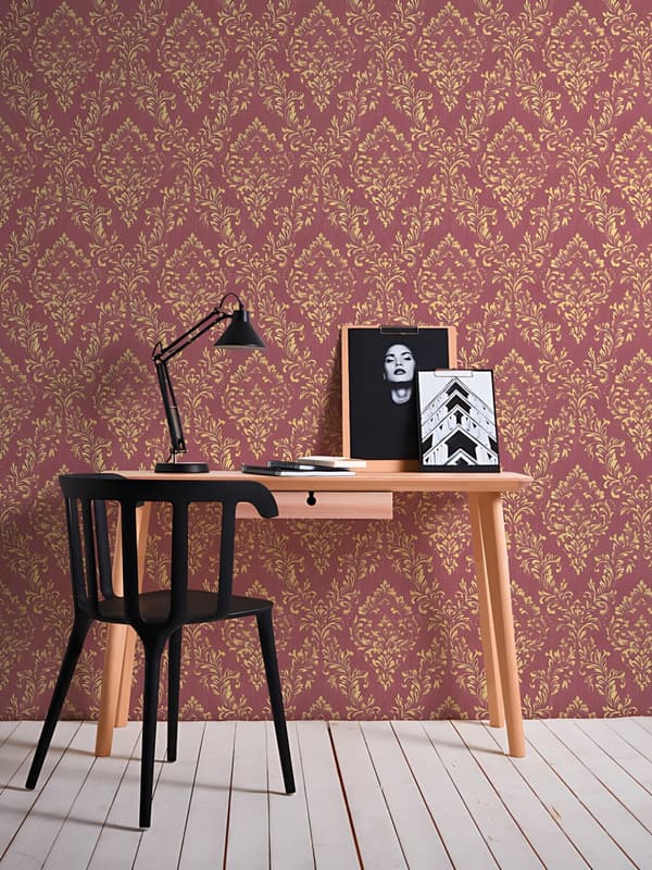 Textiltapet ornament Profhome 306596-GU texturerad glansigt mönster matt bakgrund färg guld röd 5,33 m2
