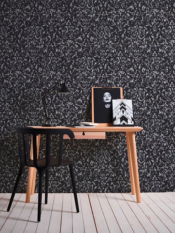 Tekstiltapet ornament Profhome 306606-gu tekstureret blank mønster mat baggrund färg sort sølv 5,33 m2
