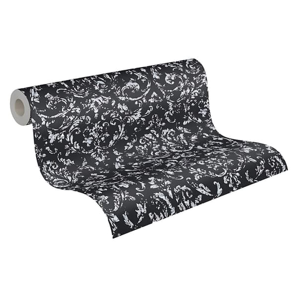 Tekstiltapet ornament Profhome 306606-gu tekstureret blank mønster mat baggrund färg sort sølv 5,33 m2