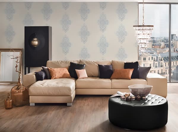 Tekstiltapet ornament Profhome 319451-gu lidt tekstureret mat färg hvid sølv blå 5,33 m2