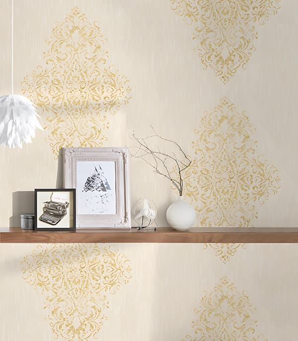 Textiltapet ornament Profhome 319452-GU lätt texturerad matt färg grädde guld 5,33 m2