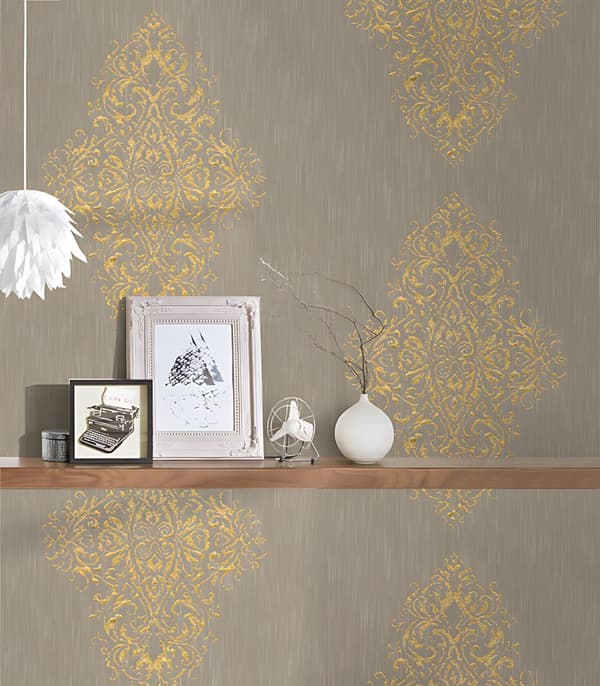 Textiltapet ornament Profhome 319453-GU lätt texturerad matt färg beige guld 5,33 m2