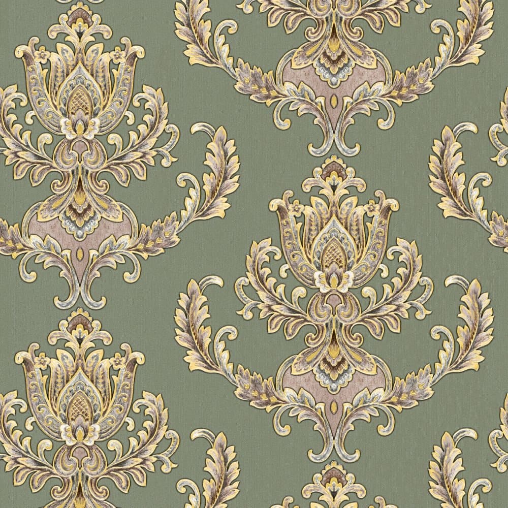 Non woven-tapet ornament Profhome 335464-GU lätt texturerad matt färg grön guld silver brun 5,33 m2