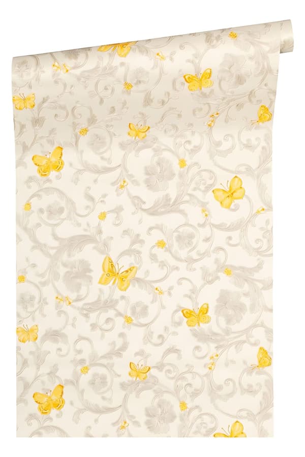Non woven-tapet Blommig Profhome 343253-GU lätt texturerad glittrande mönster matt bakgrund färg gul guld grädde 7,04 m2