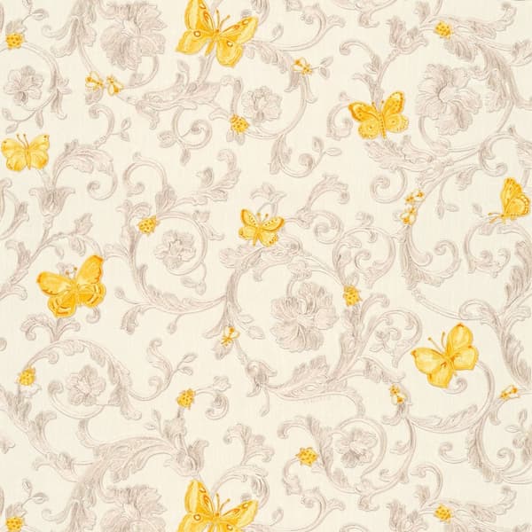 Non woven-tapet Blommig Profhome 343253-GU lätt texturerad glittrande mönster matt bakgrund färg gul guld grädde 7,04 m2