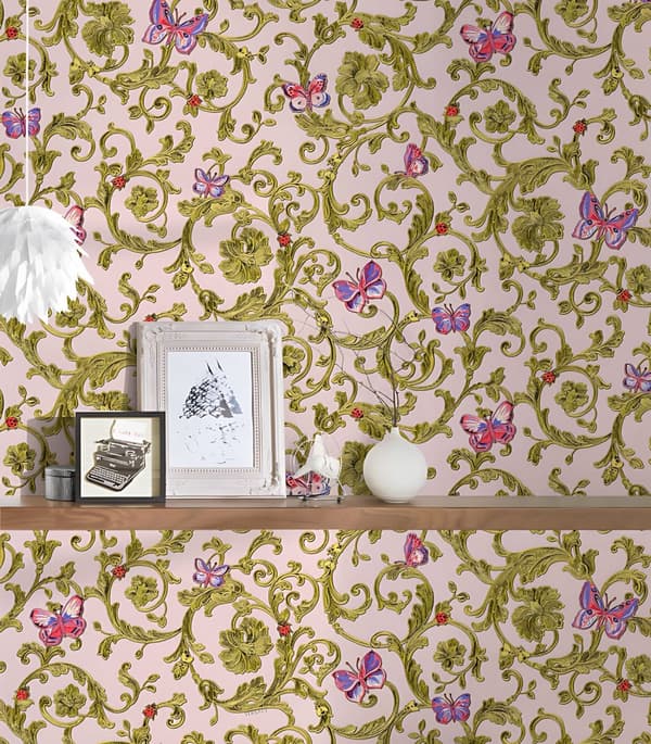 Non woven-tapet Blommig Profhome 343254-GU lätt texturerad glittrande mönster matt bakgrund färg rosa grön guld 7,04 m2
