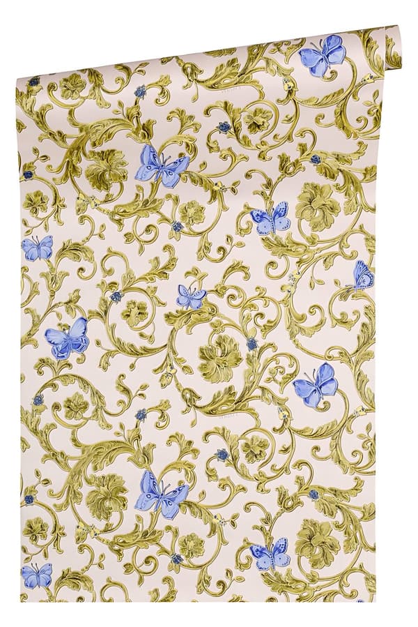 Non woven-tapet Blommig Profhome 343256-GU lätt texturerad glittrande mönster matt bakgrund färg blå guld rosa 7,04 m2