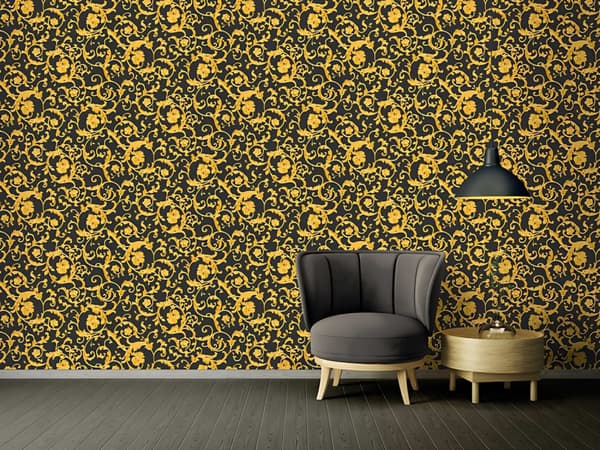 Non woven-tapet Blommig Profhome 343262-GU lätt texturerad glittrande mönster matt bakgrund färg guld svart gul 7,04 m2