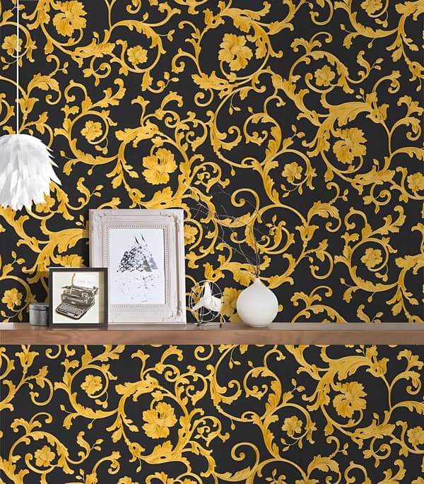 Non woven-tapet Blommig Profhome 343262-GU lätt texturerad glittrande mönster matt bakgrund färg guld svart gul 7,04 m2
