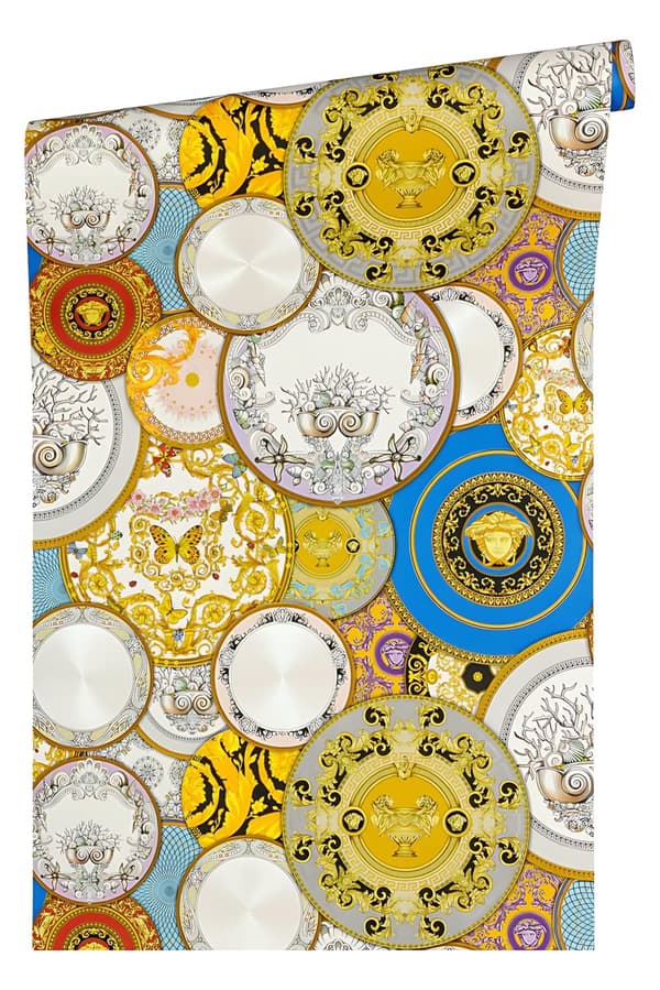 Non woven-tapet grafisk Profhome 349011-GU lätt texturerad glansigt färg guld blå violett vit 7,04 m2