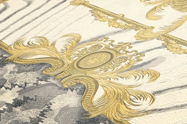 Non woven-tapet ornament Profhome 349042-GU lätt texturerad glansigt mönster matt bakgrund färg grå guld grädde 7,04 m2
