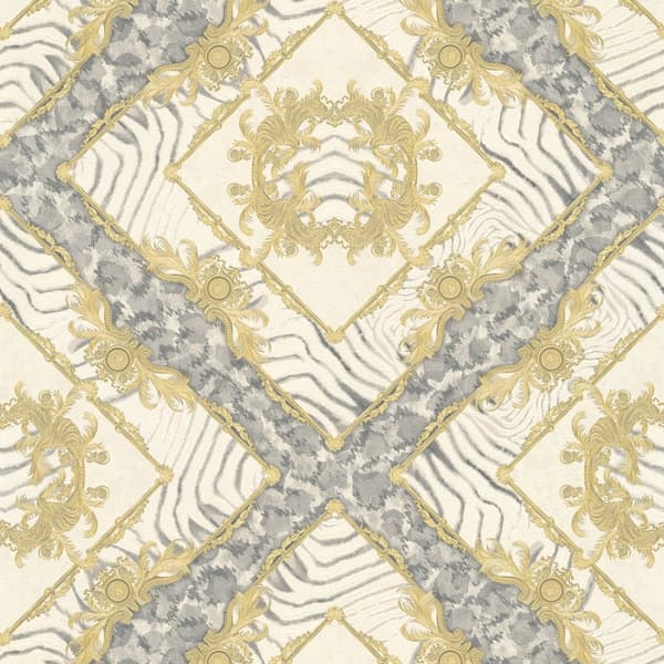 Non woven-tapet ornament Profhome 349042-GU lätt texturerad glansigt mönster matt bakgrund färg grå guld grädde 7,04 m2