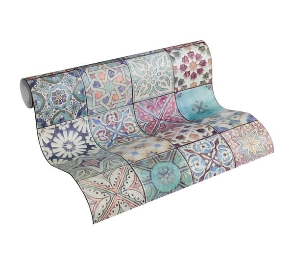 Non woven-tapet kakel mönster Profhome 362051-GU lätt texturerad matt färg blå violett grädde 5,33 m2