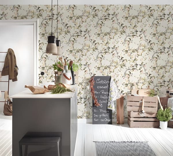 Ikke-vævet tapet fugle mønster Profhome 364982-gu lidt tekstureret mat färg beige grøn grå lyserød 5,33 m2