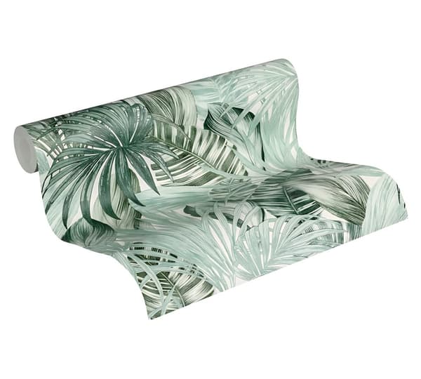 Non woven-tapet palmer Profhome 368201-GU lätt texturerad glansigt mönster matt bakgrund färg grön vit 5,33 m2
