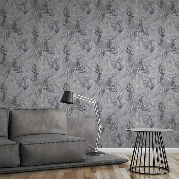 Non woven-tapet palmer Profhome 368203-GU lätt texturerad glansigt mönster matt bakgrund färg svart vit grå 5,33 m2