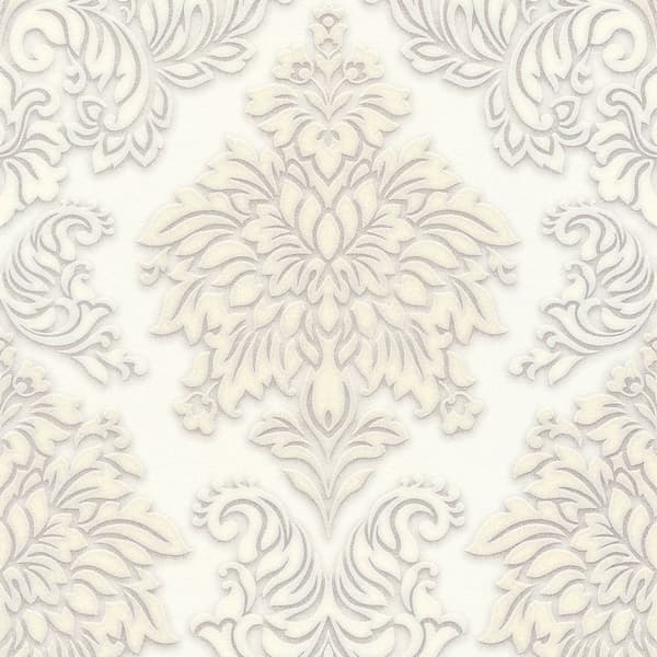 Non woven-tapet ornament Profhome 368982-GU lätt texturerad glittrande mönster matt bakgrund färg vit silver beige 5,33 m2