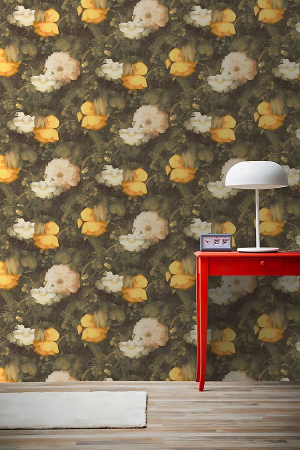 Non woven-tapet blomster Profhome 369211-GU lätt texturerad matt färg grön gul grädde 5,33 m2